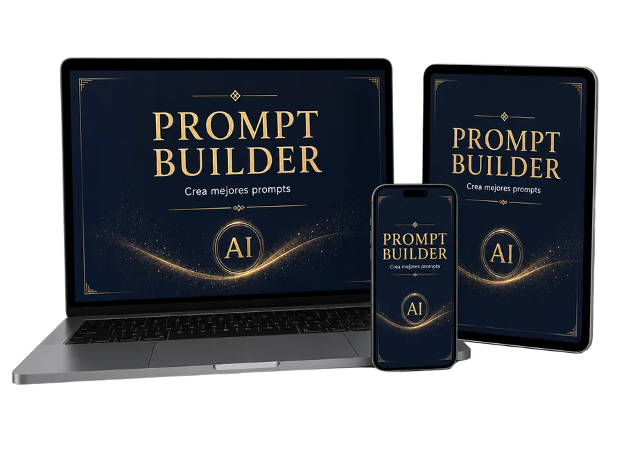 Mockup del bono Prompt Builder en notebook, tablet y celular