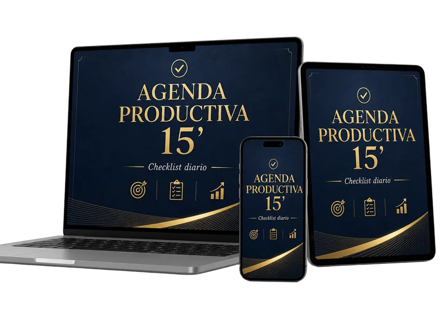 Mockup del bono Agenda Productiva 15' en notebook, tablet y celular